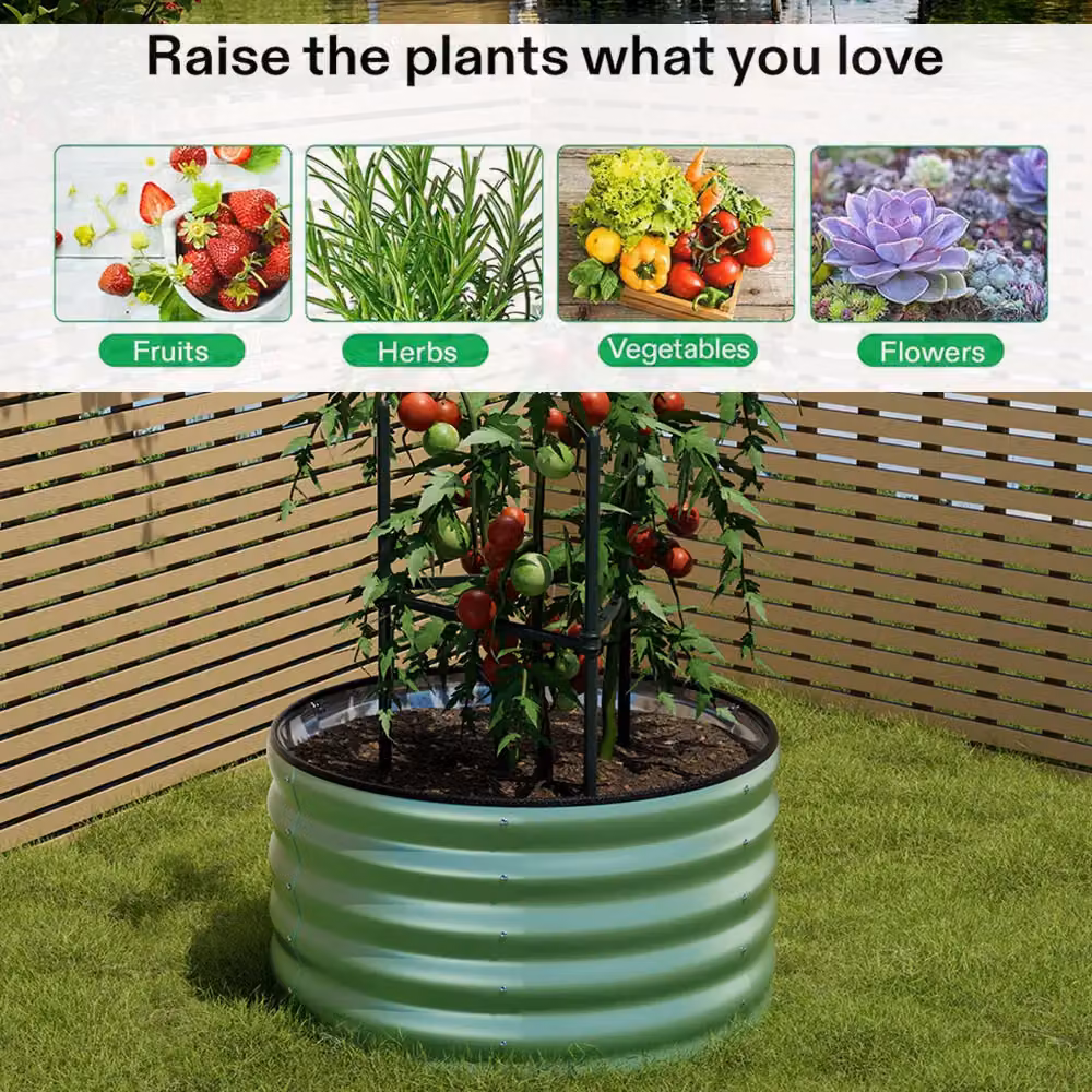 Living and Home Round Galvanised Steel Raised Garden Bed in Light Green, W: 80 cm, D: 40 cm – 5
