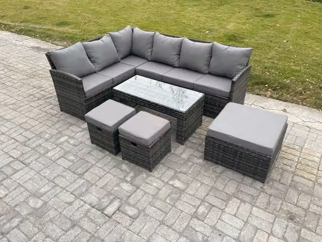 Fimous 9 Seater Rattan Garden Furniture Set in Dark Grey with Corner Sofa, Oblong Coffee Table and 3 Footstools