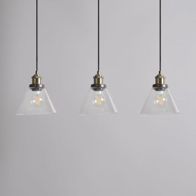Litecraft Benji Industrial Cone Pendant Ceiling Light in Brass and Transparent Glass