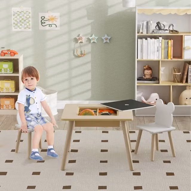AIYAPLAY 3-Piece Toddler Table and Chairs Set in Natural Wood Finish for Nursery and Playrooms