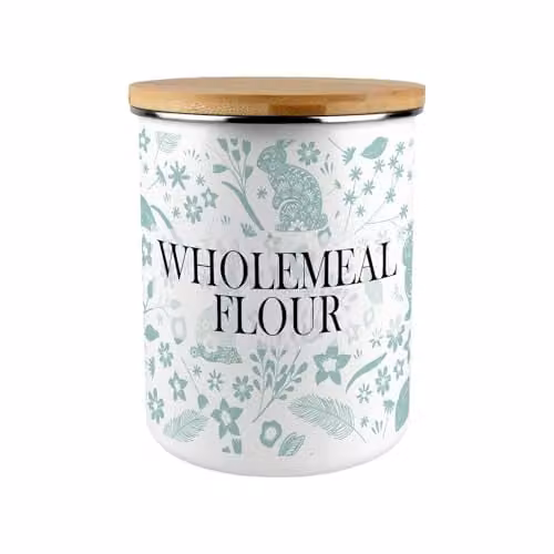 Purely Home Green Rabbits Wholemeal Flour Canister, 2.7 l, Green and White Enamel Airtight Kitchen Storage Tin – 1
