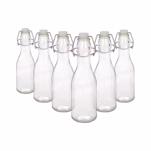 Argon Tableware Pack of 6 Reusable Glass Bottles with Swing Top Lids, 250 ml, Transparent – 1