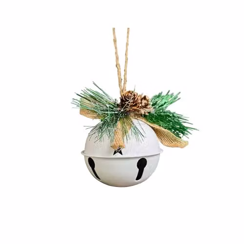 Melody Maison Set of 2 White and Green Christmas Bell Hanging Decorations with Foliage, 8 cm – 3