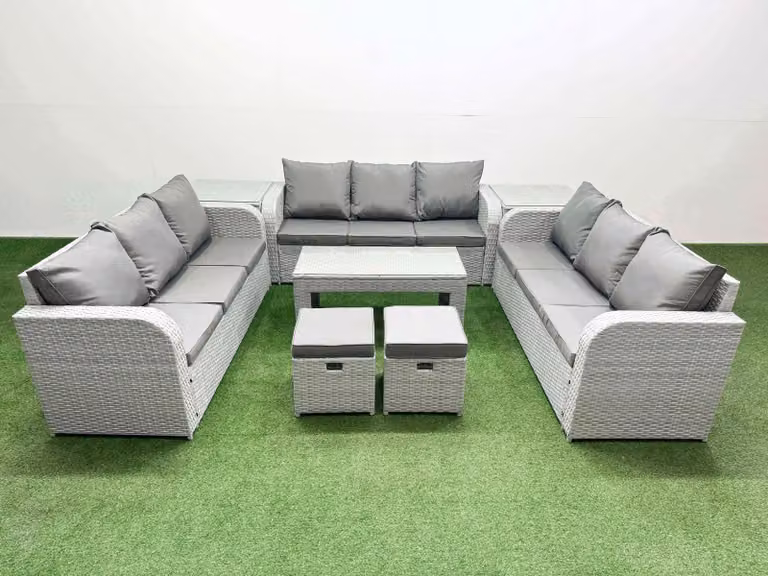 Fimous 11 Seater PE Rattan Outdoor Garden Furniture Set in Light Grey with 3 Seater Sofa, Oblong Coffee Table, 2 Stools and 2 Side Tables