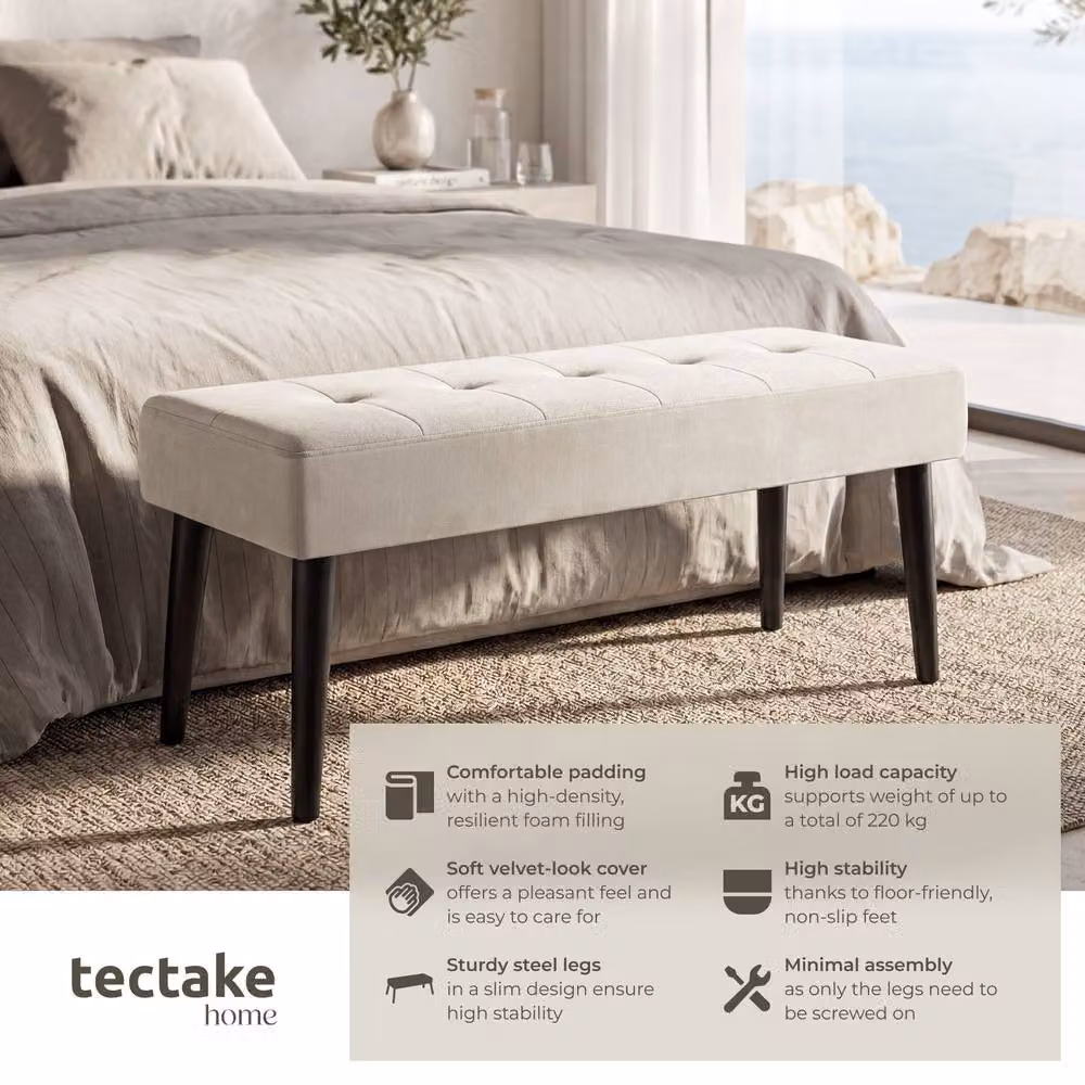 tectake Glora Upholstered Bench with Quilted Geometric Pattern in Beige Velvet – 2
