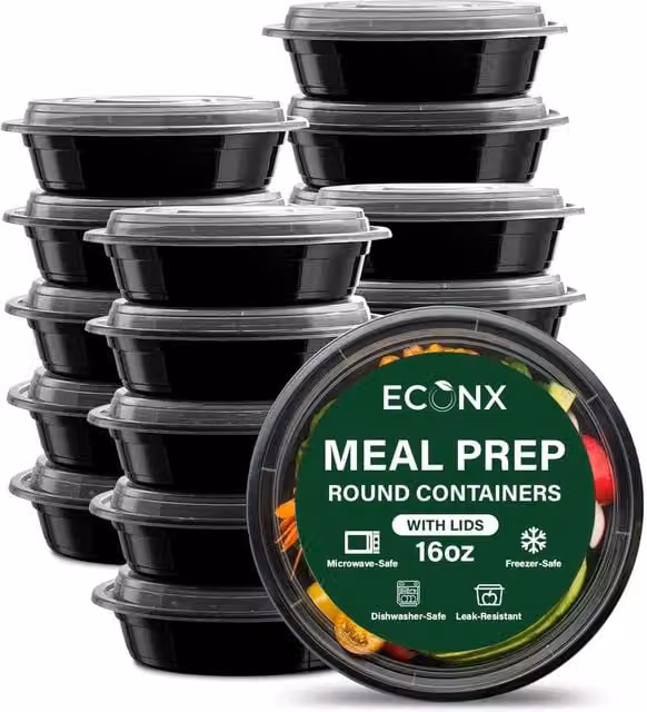 ECONX Black Plastic Round Meal Prep Containers with Airtight Leakproof Lids, 16oz, Microwave and Dishwasher Safe