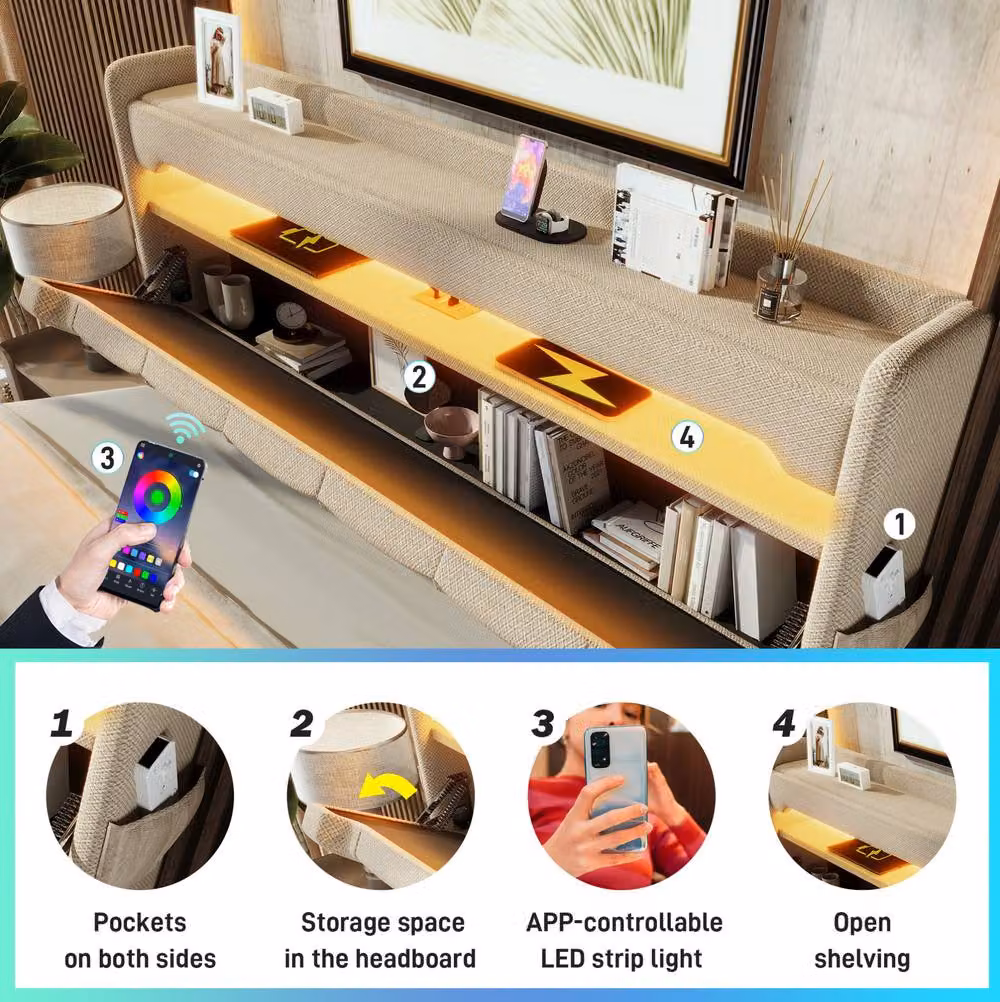 STILVORA Beige Upholstered Double Bed with LED Under-Bed Lighting, USB Charging Ports and Bedside Shelf, W/D/H: 140 x 200 cm – 5