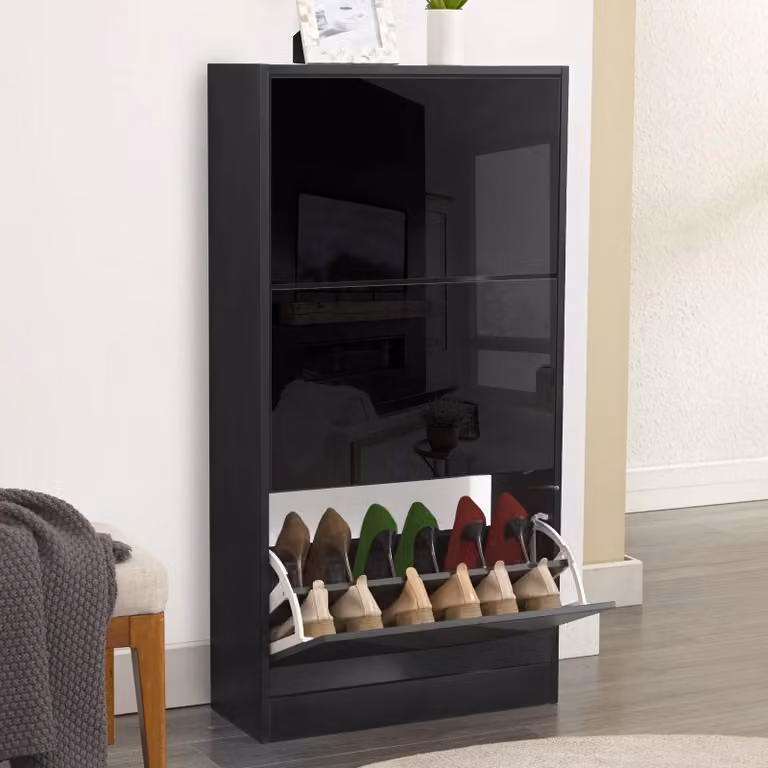 Modern High Gloss 3 Door Slim Shoe Cabinet in Black with Push to Open Compartments
