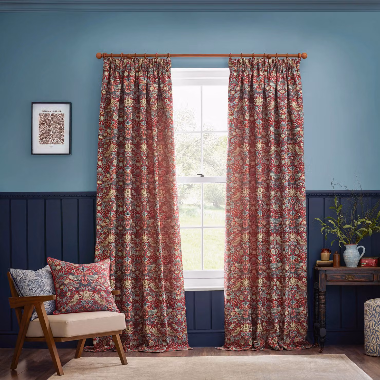 Morris & Co Strawberry Thief Jacquard Floral Room Darkening Pencil Pleat Curtain Pair in Red, Width: 229 cm, Drop: 137 cm – 2