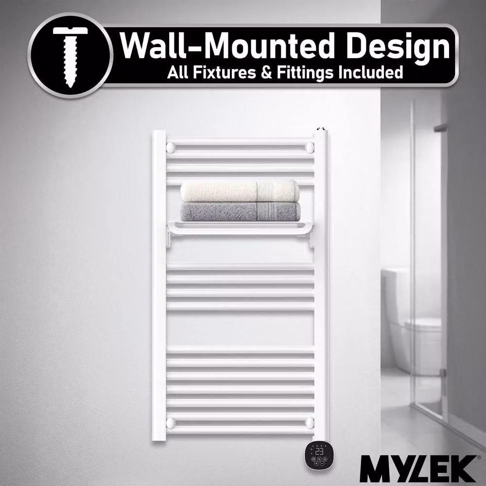 MYLEK Smart Electric Towel Rail Radiator with Shelf, 500W, White, WiFi and App Control – 3