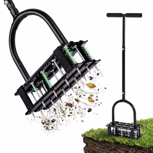 Lambu Manual Lawn Aerator with 15 Steel Spikes and Adjustable Handle in Black