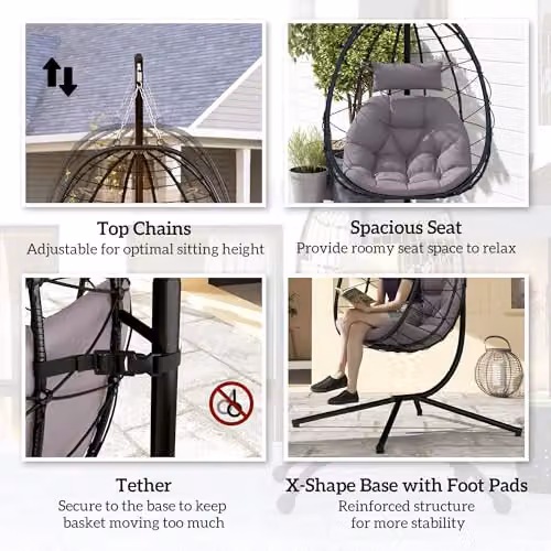 Outsunny Grey Folding Hanging Egg Chair for Indoor and Outdoor Use – 7