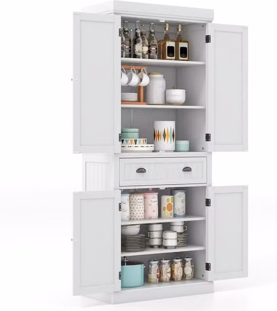Costway White 4-Door Tall Kitchen Cupboard with Internal Shelves and Drawers