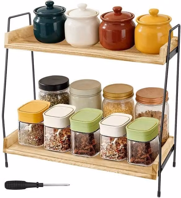 KORVIXA 2-Tier Freestanding Spice and Herb Jar Rack in Beige, W/D/H: 90 x 35 x 16 cm – 1