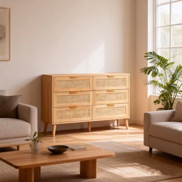 Furniture One Minimalist Rattan Chest of Drawers in Yellow and Brown, W/D/H: 39 x 77 x 77 cm