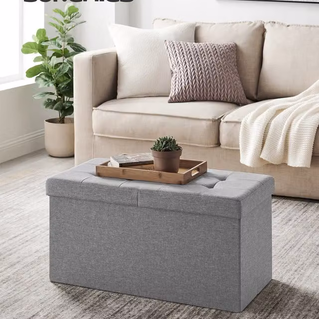 SONGMICS Foldable Chesterfield Storage Ottoman in Grey, W/D/H: 76 x 38 x 38 cm
