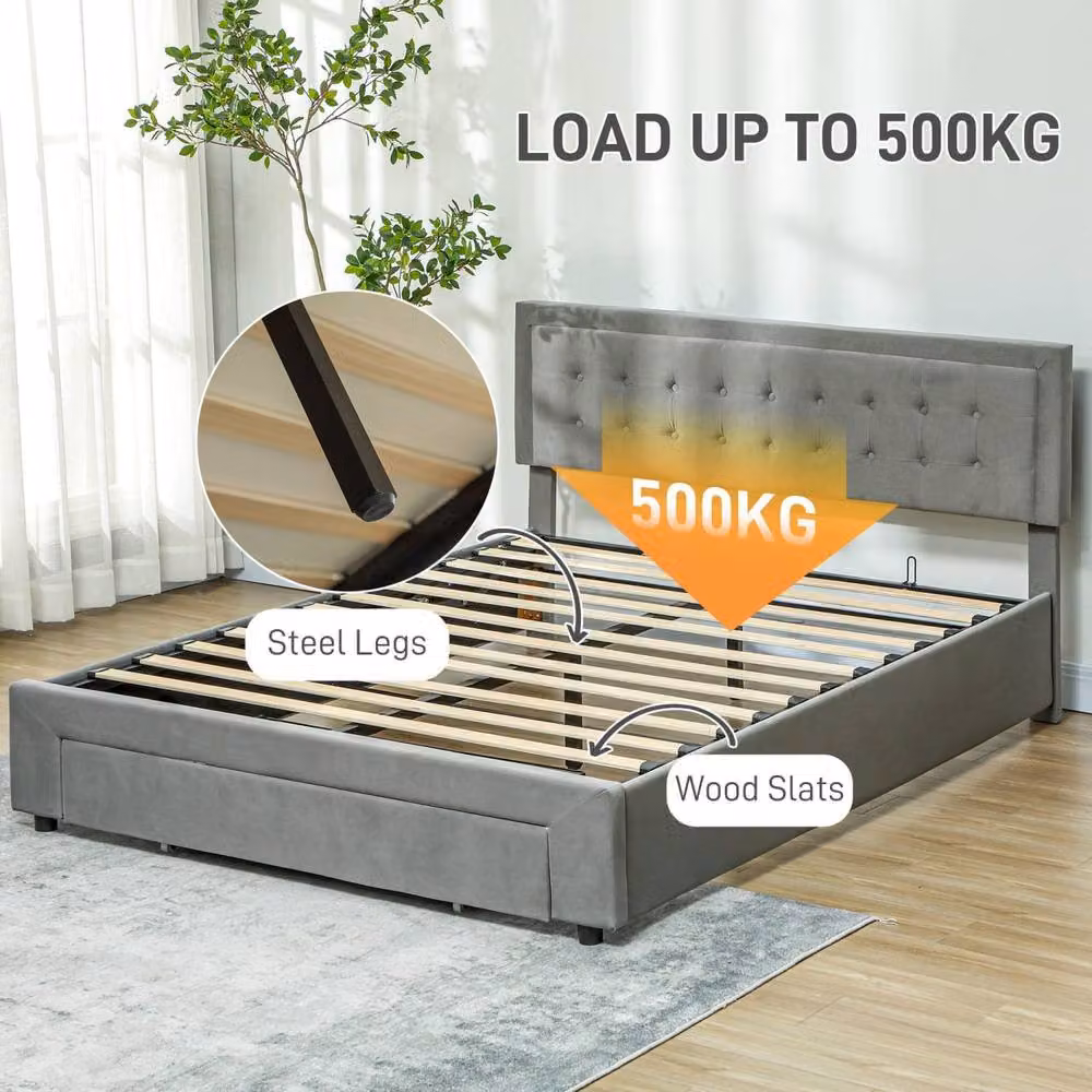 Wyld Haus Dineno Grey King Ottoman Bed Frame with Lift Up Base and Front Divan, W/D/H: 150 x 200 x 104 cm – 5