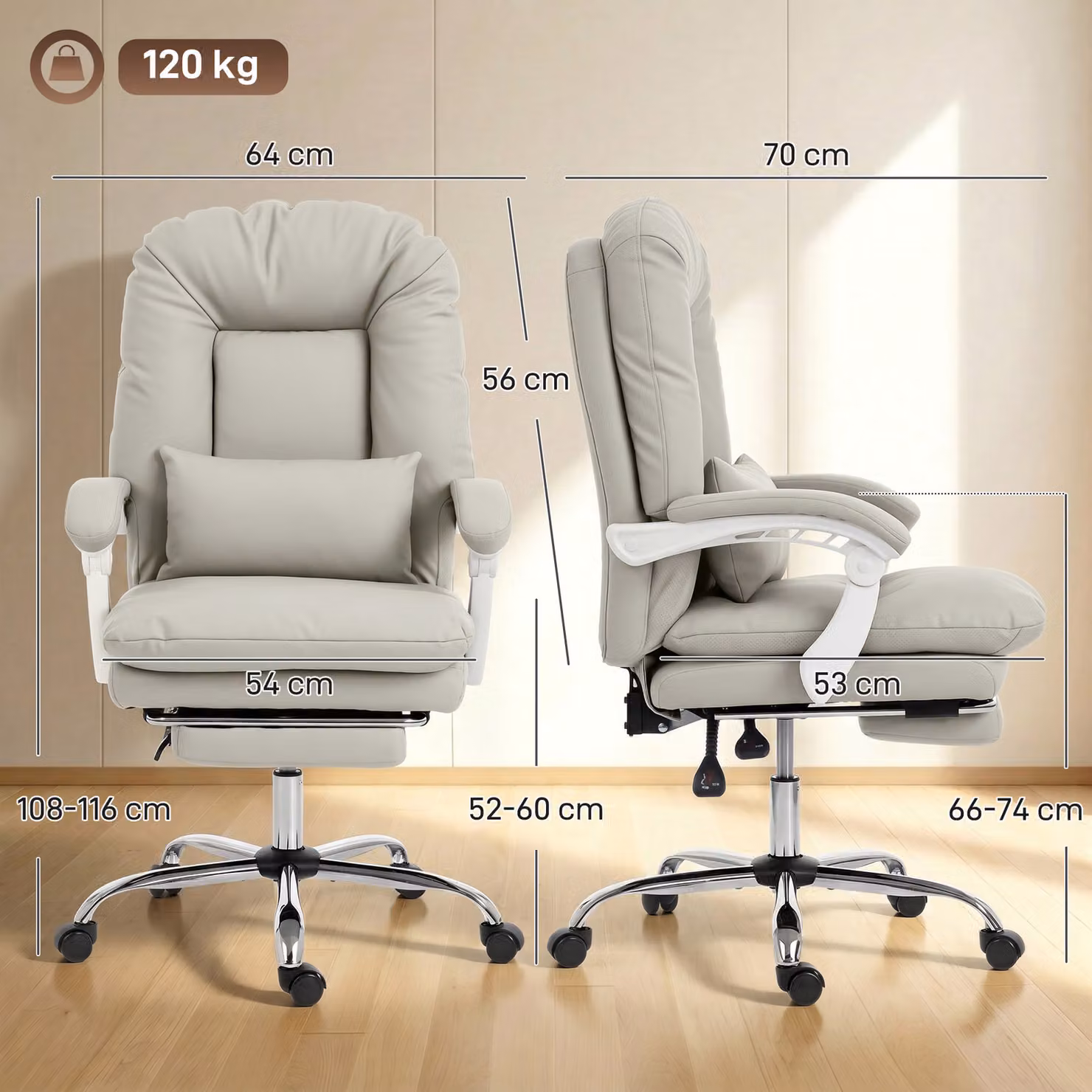 HOMCOM Ergonomic Executive Office Chair in Beige Velvet with Headrest, Lumbar Support and Footrest – 3