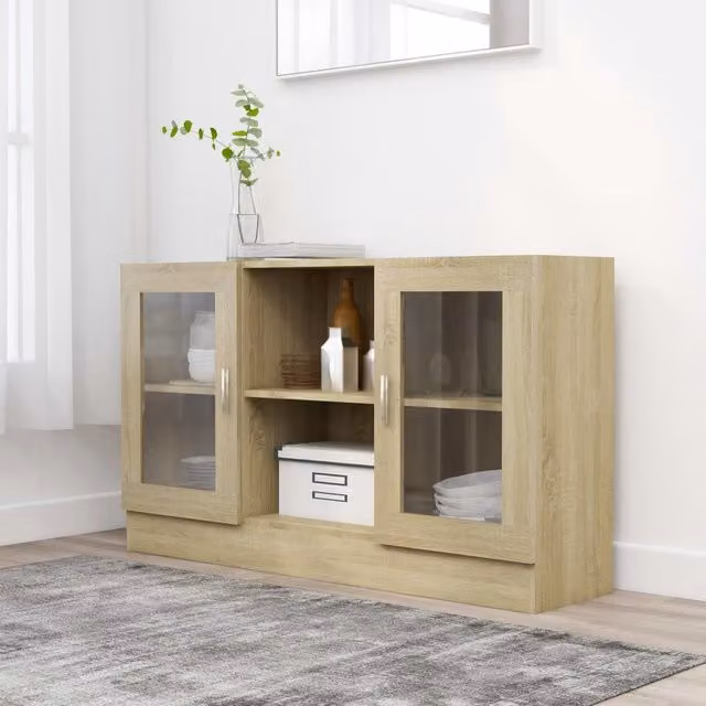 Berkfield Home Vitrine Cabinet in Sonoma Oak, Brown, W/D/H: 120 x 30.5 x 70 cm