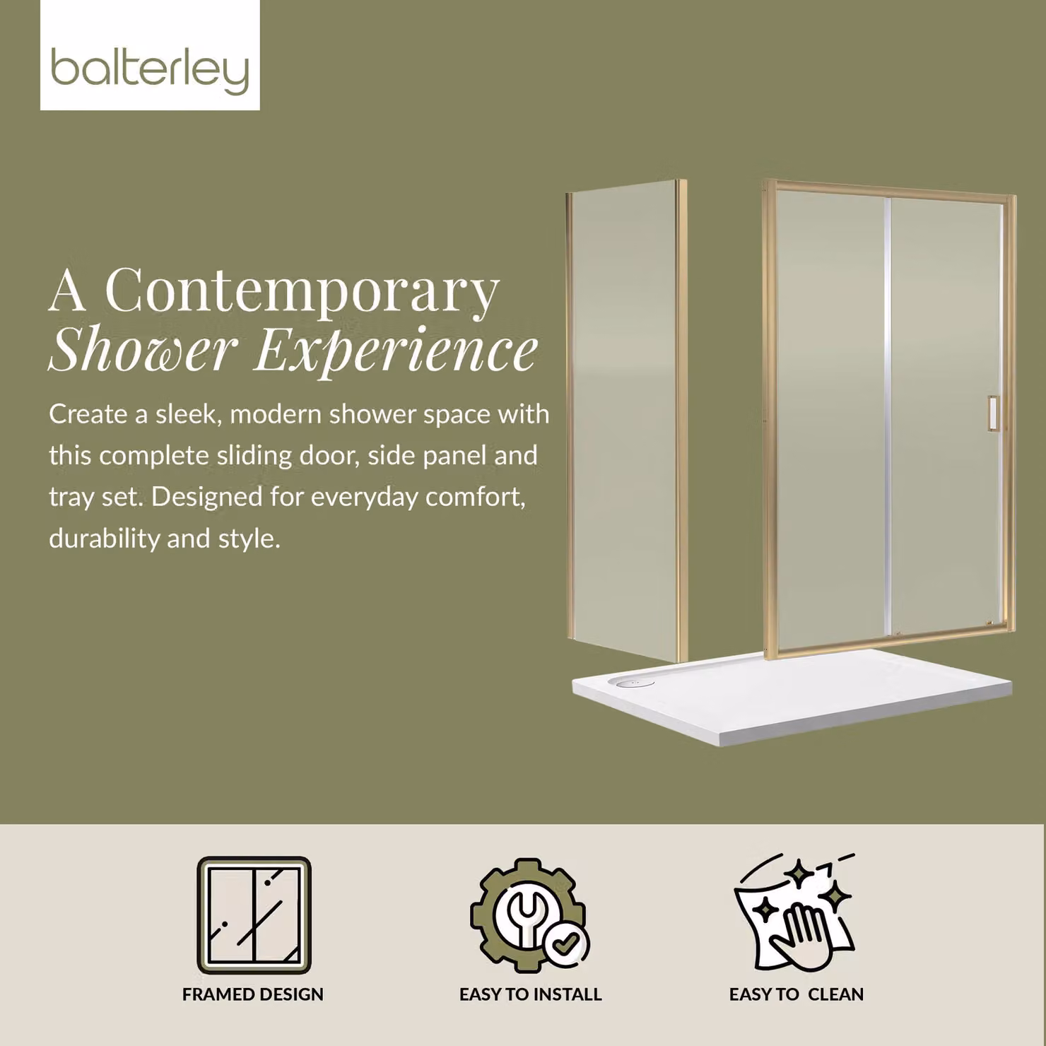 Balterley Ruwa Sliding Rectangular Shower Suite with Tray, 6mm Glass, Gold – 2