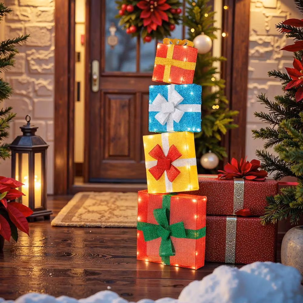 Costway 4 Ft Pre-lit Stackable Multicolour Christmas Gift Box Decorations – 2