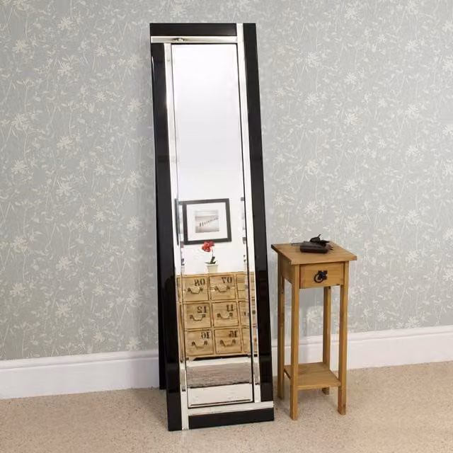 MirrorOutlet Calder Black Glass Venetian Cheval Mirror, Black, H 150 cm x W 40 cm