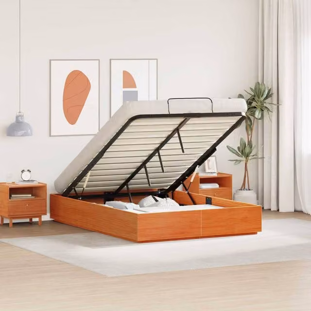 Berkfield Home Modern Solid Pine Ottoman Bed Frame with Storage, Wax Brown, W: 120 cm, L: 200 cm – 1