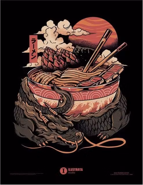 Ilustrata Dragons Ramen Framed Multicolour Paper Poster in Black