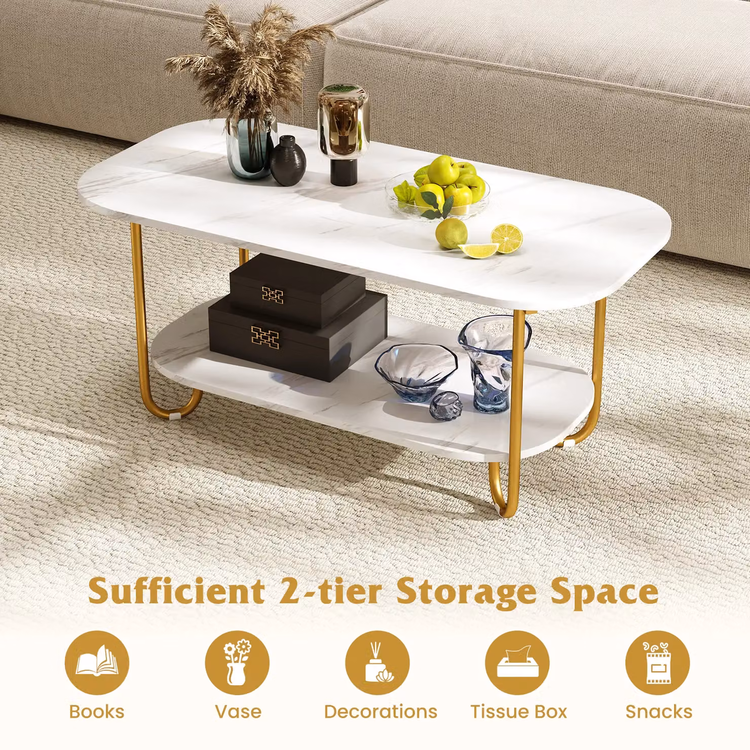 Costway Modern 2-Tier Faux Marble Top Coffee Table in White and Gold – 6