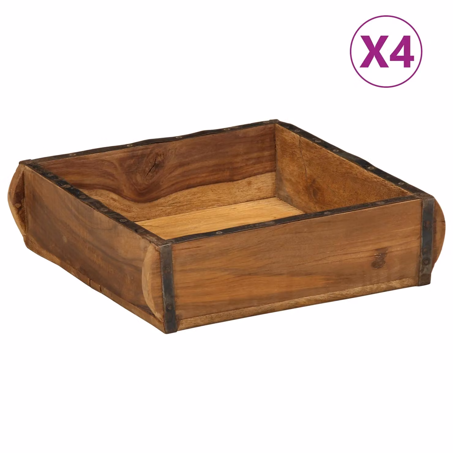 Berkfield Home Set of 4 Rectangular Reclaimed Solid Wood Trays, Brown, W: 31 cm, D: 29 cm, H: 10 cm – 2