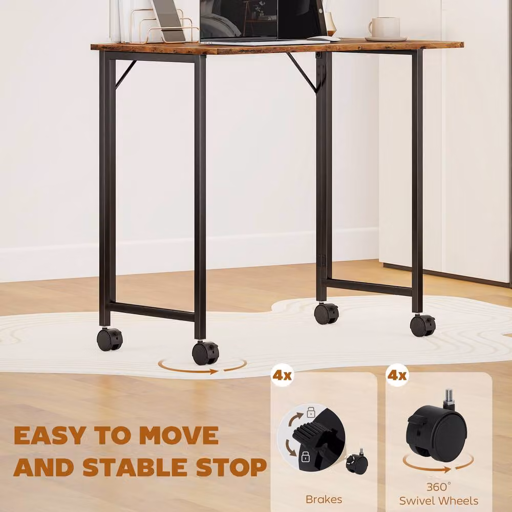 HOMCOM Small Folding Writing Desk with Castors in Brown – 5