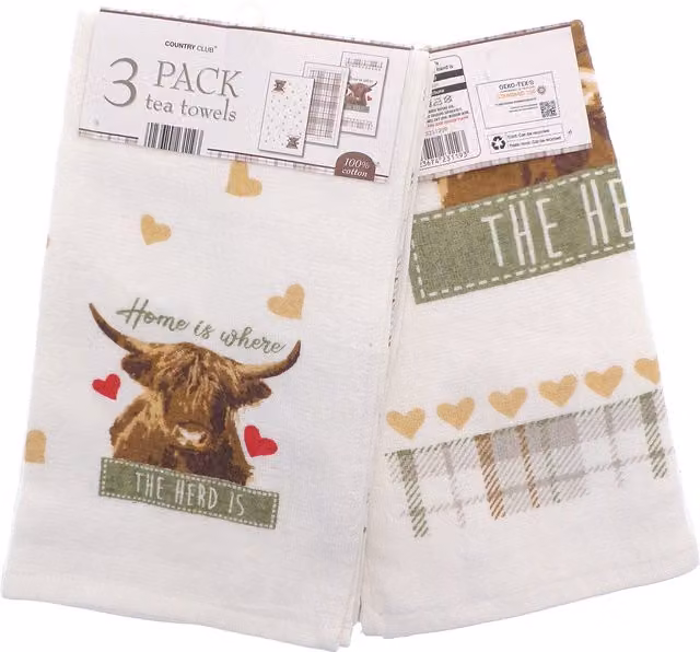 Country Club Highland Herd Cotton Tea Towels, Pack of 3, White
