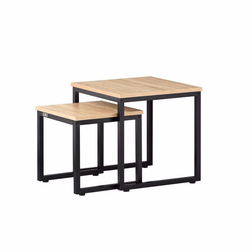 SoBuy Industrial Modern Nesting Coffee Table with Black Metal Frame and Light Oak MDF Tops – 2