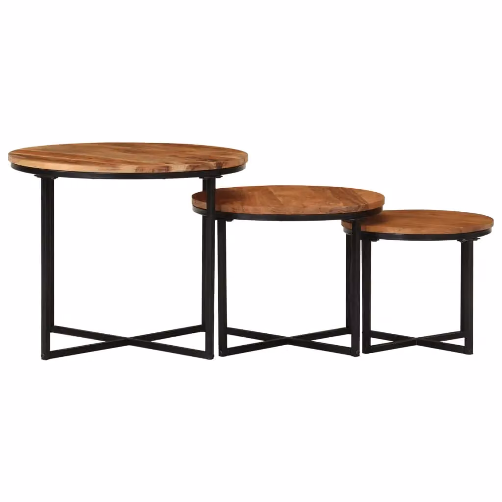 Berkfield Home Nesting Coffee Tables, 3 Piece Set in Brown Solid Acacia Wood and Iron – 2