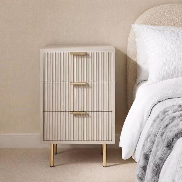 OHS Ribbed 3-Drawer Bedside Cabinet in Stone Beige Engineered Wood – 1
