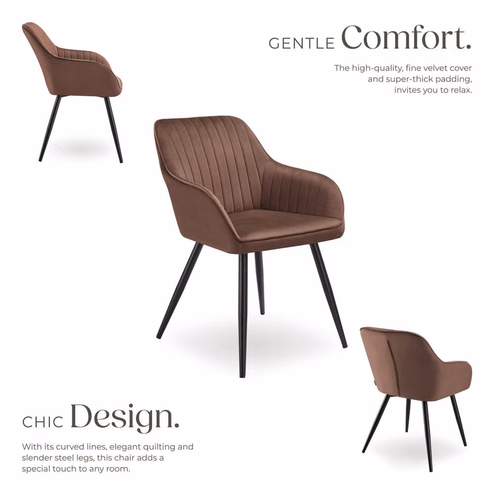 tectake Marilyn Set of 4 Dining Chairs in Brown and Black Velvet with Armrests – 3