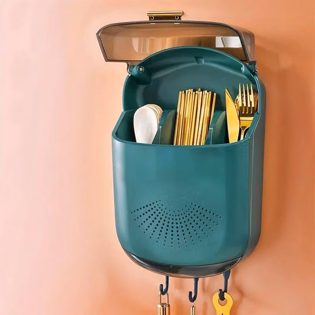 PAWNORA Green Wall-Mounted Plastic Kitchen Utensil and Cutlery Holder with Self-Adhesive Attachment, H: 21.0 cm, W: 35.0 cm, D: 3.0 cm