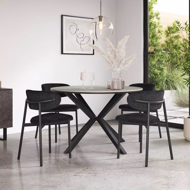 More4Homes Calne Light Grey Ceramic Round Dining Table and 4 Myla Black Linen Chairs – 1