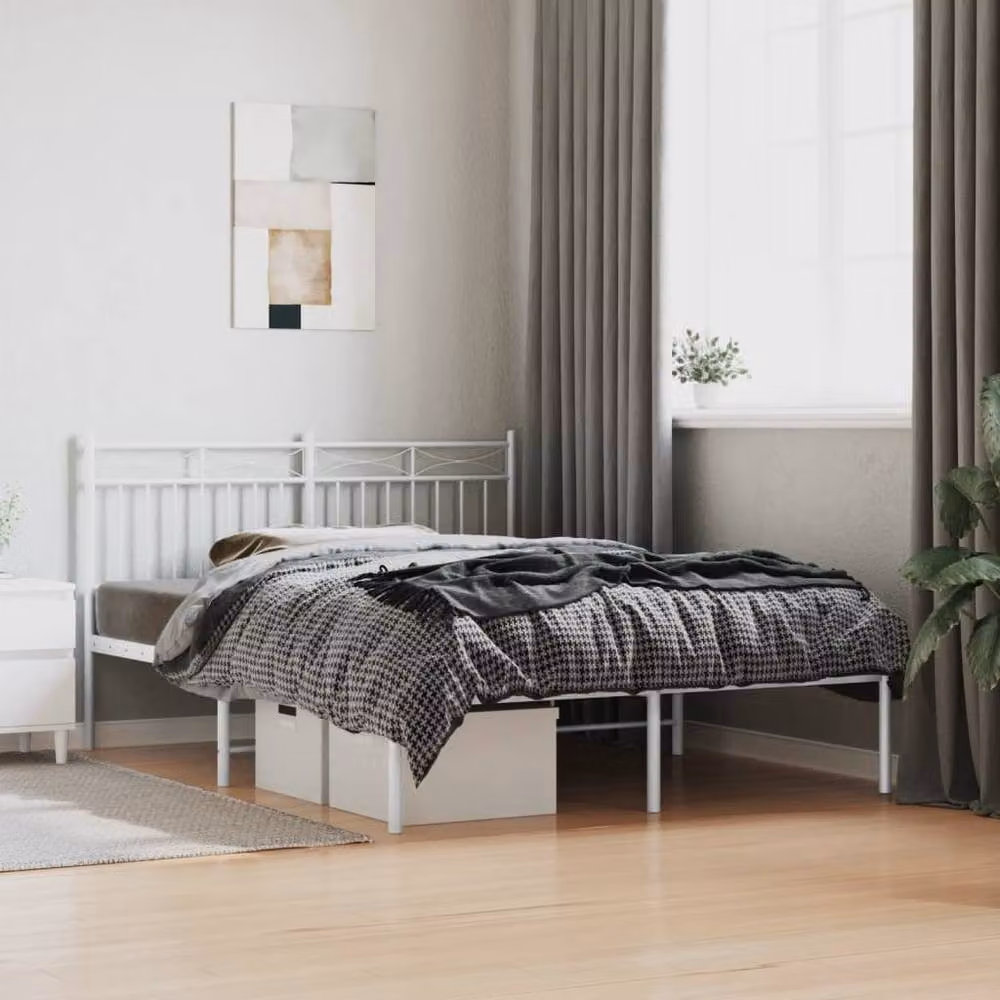 Berkfield Home Metal Bed Frame with Headboard in White, W: 140 cm, D: 200 cm – 2