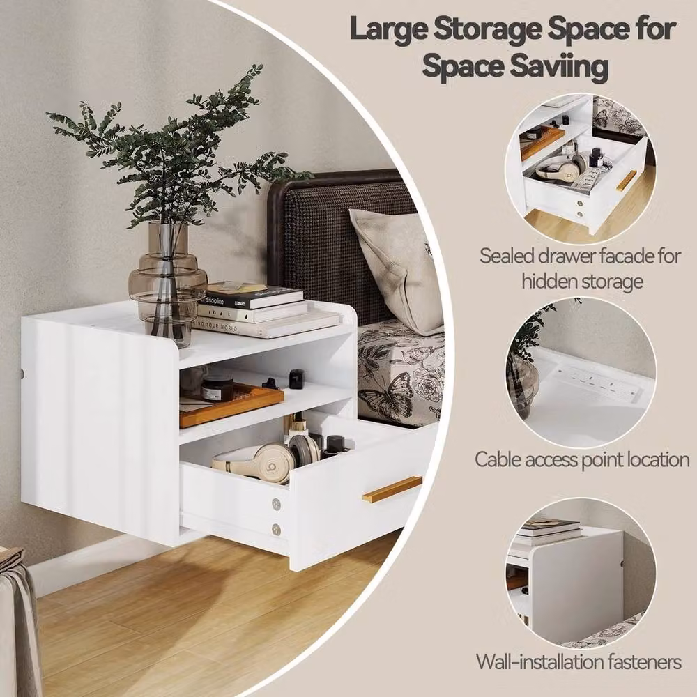 KORVIXA Wall Mounted Floating Bedside Table with Charging in White – 4