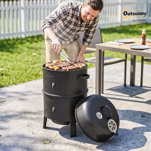 Outsunny 3-in-1 Vertical Charcoal Smoker with Thermometer and 2 Grill Grates, Black – 2