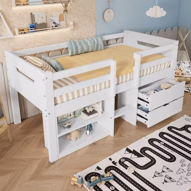 Merax Single Kids Wooden Mid Sleeper Storage Bed with 2 Drawers and Shelves, White, W/D/H: 90 x 190 x 113 cm