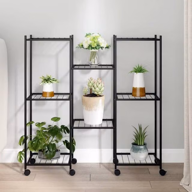 Berkfield Home Black Metal Flower Stand with Wheels, W/D/H: 25 x 25 x 83.5 cm