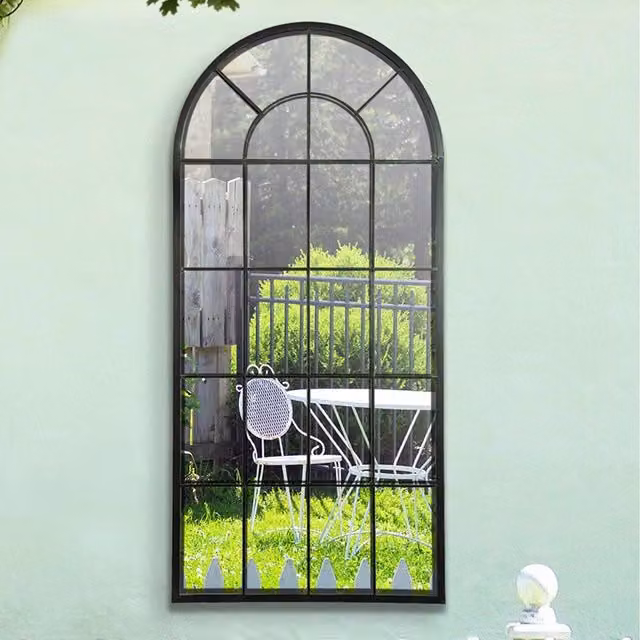 MirrorOutlet Large Multi Panelled Arched Window Garden Mirror in Antique Black, H 140 cm x W 66 cm