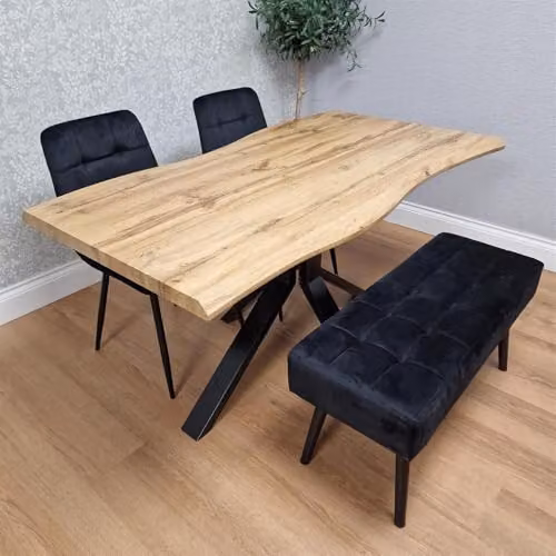Kosy Koala Modern Dining Set with Rectangular Live Edge Wood Table, 2 Black Velvet Chairs and 1 Black Velvet Bench – 1