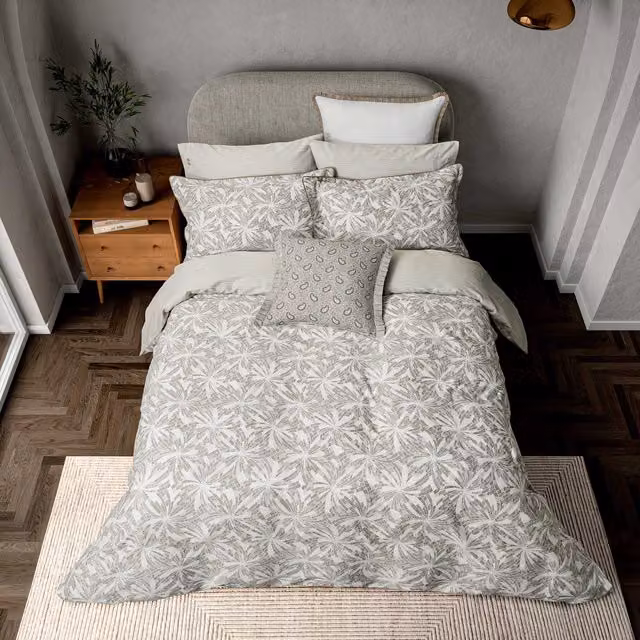 Bedeck of Belfast Cora Double Duvet Cover Set with Pillowcases, Grey and White Graphic Linen Cotton Mako Satin