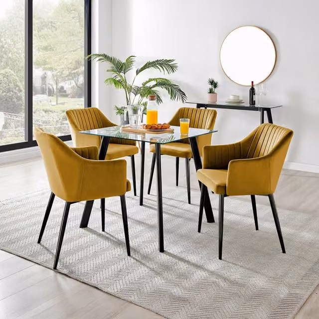 FurnitureboxUK Seattle Square Glass Dining Table and 4 Calla Black Leg Chairs in Mustard and Transparent