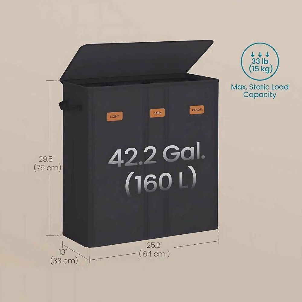 The Bazaarist 3 Compartment Laundry Hamper with Lid and Removable Bags, Jet Black – 3