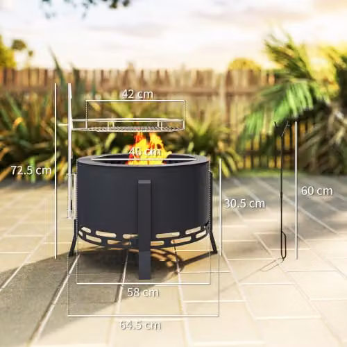 Outsunny Portable Black Steel Fire Pit BBQ and Fire Bowl with Stainless Steel Grill Grate, Diameter: 58 cm – 6