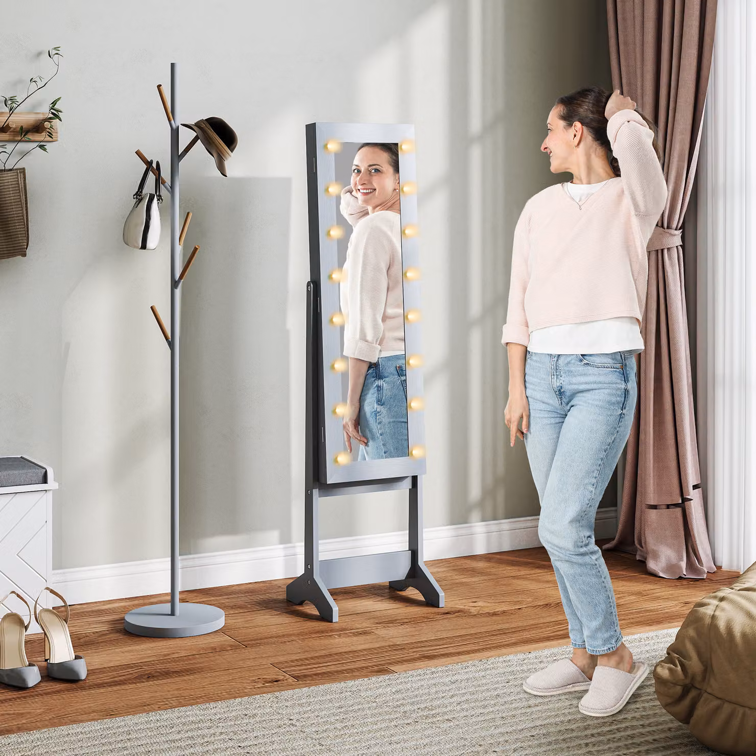 HOMCOM Free Standing Full-Length Mirror Jewellery Cabinet with LED Lights and Internal Storage, Grey – 2